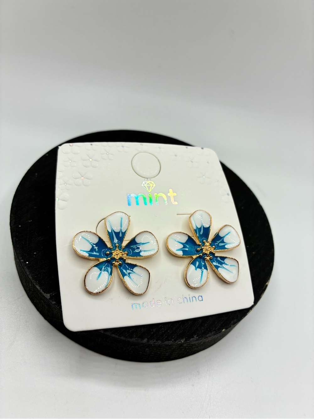 Mint Blue & White Enamel Floral Stud Earrings